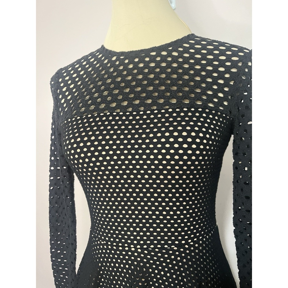 BCBG MAXAZRIA Black Mesh Eyelet Long Sleeve Fit Flare Dress XS Gothic Cocktail - Picture 9 of 14